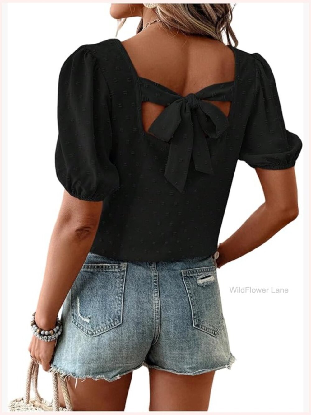 Swiss Dot Puff Sleeve Square Neck Blouse Bow Back Tie Top